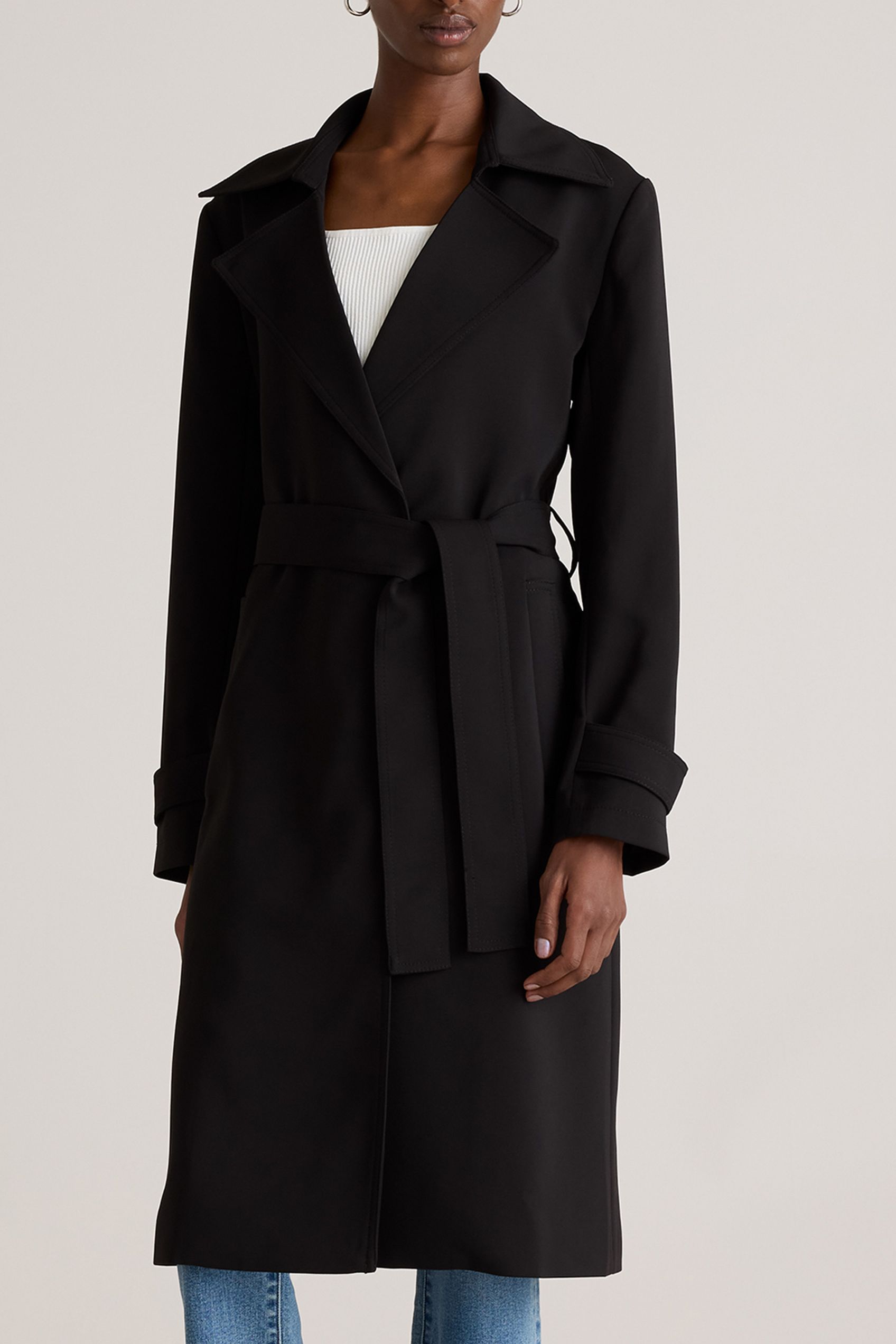Stretch Crepe Trench Coat in Black