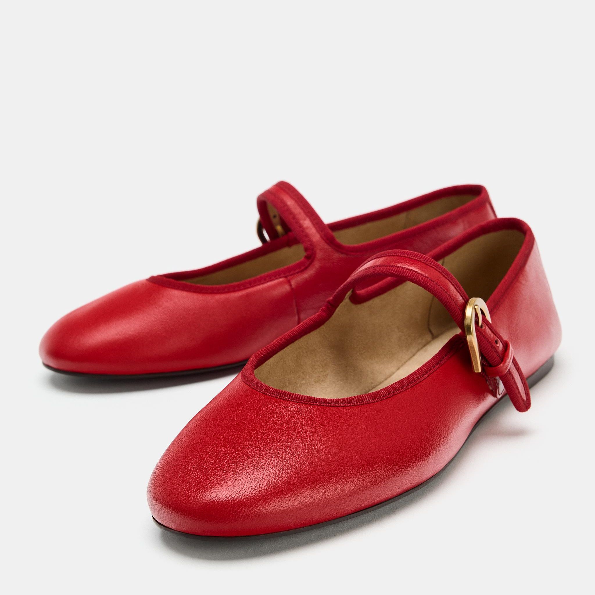 Leather Ballerina Flats - Red - 2