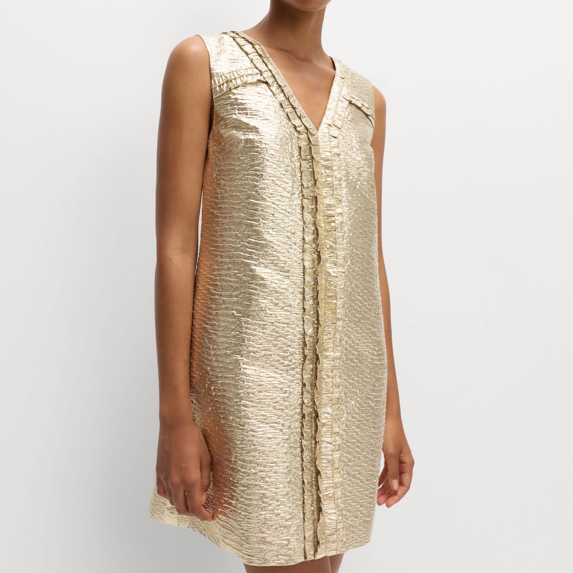 Gold Jacquard V-Neck Mini Shift Dress