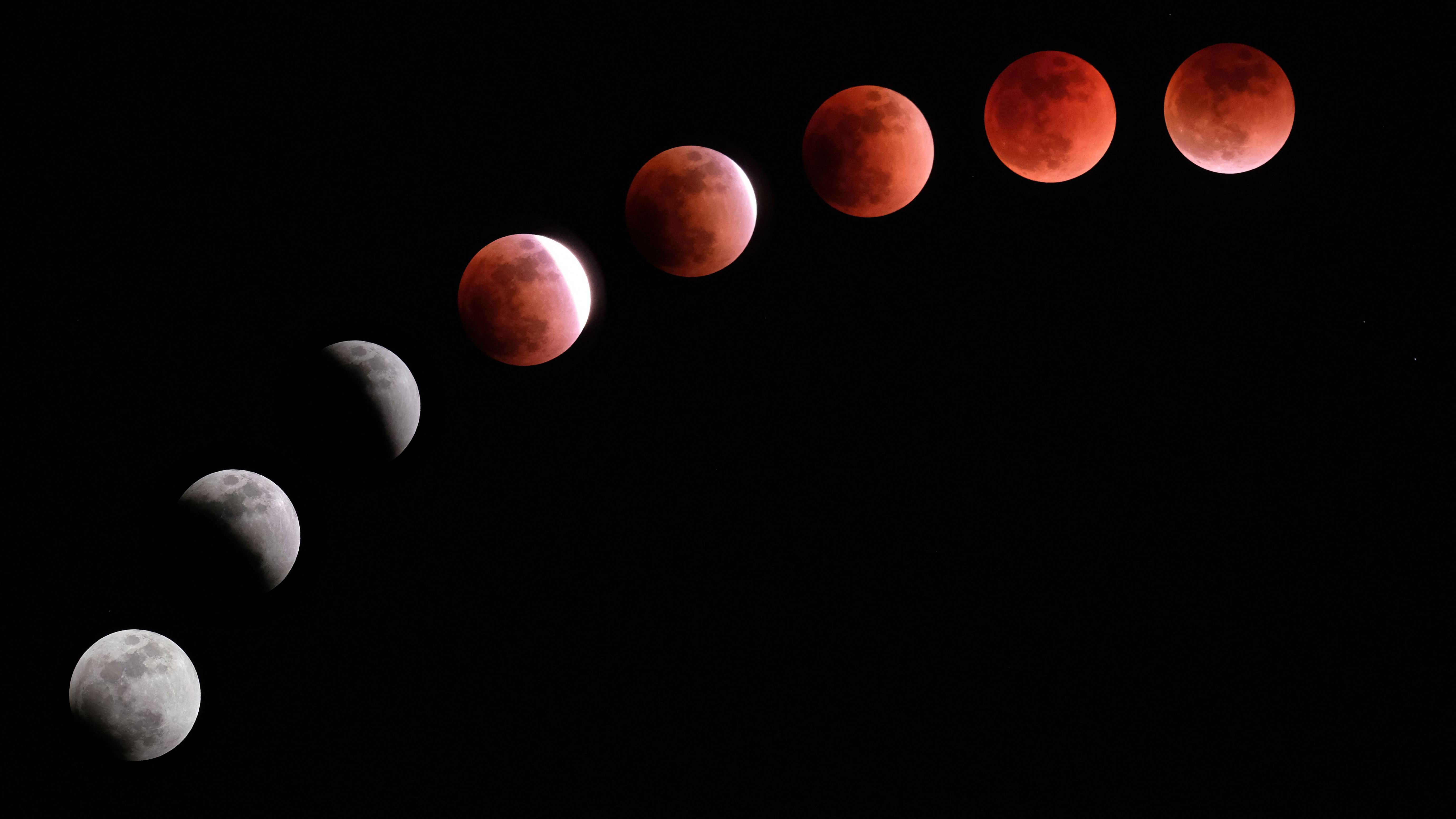 A composite photo showing the phases of a blood moon lunar eclipse.