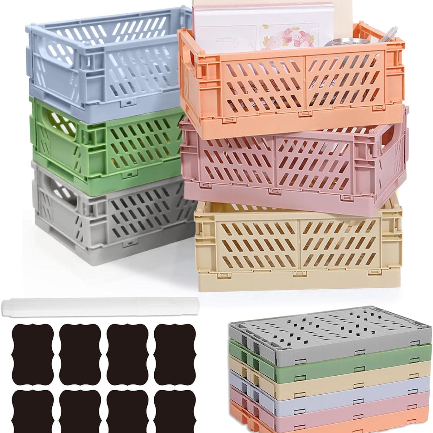 Ruucy 6 Pcs Collapsible Storage Crates, Folding Plastic Crate 25x16x10cm, Stackable Storage Baskets With White Marker &amp;amp; Stickers, Paste Crates Desktop Storage Box for Office Kitchen Bathroom