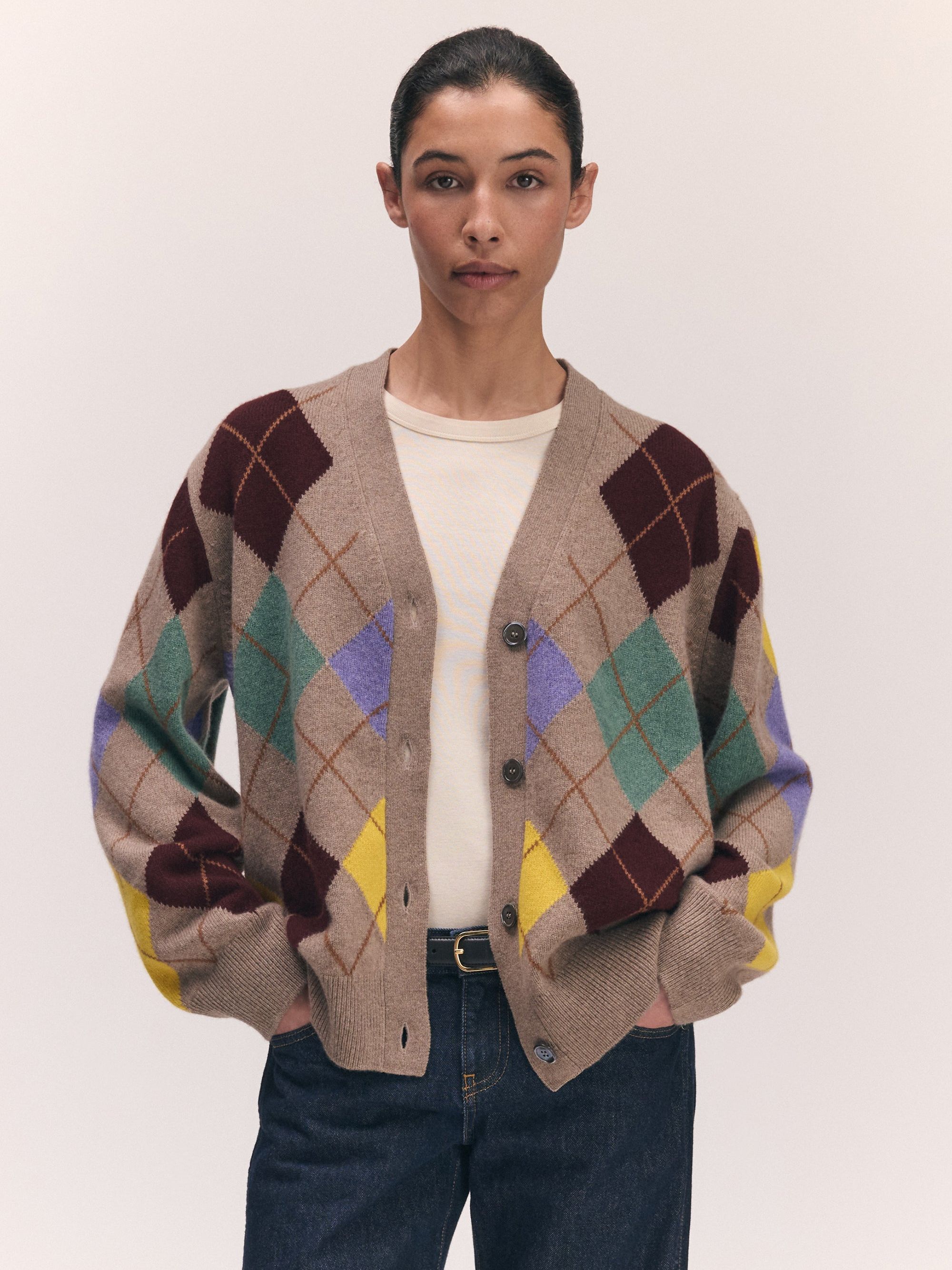 Ava Argyle Cardigan in Dark Natural With Yellow