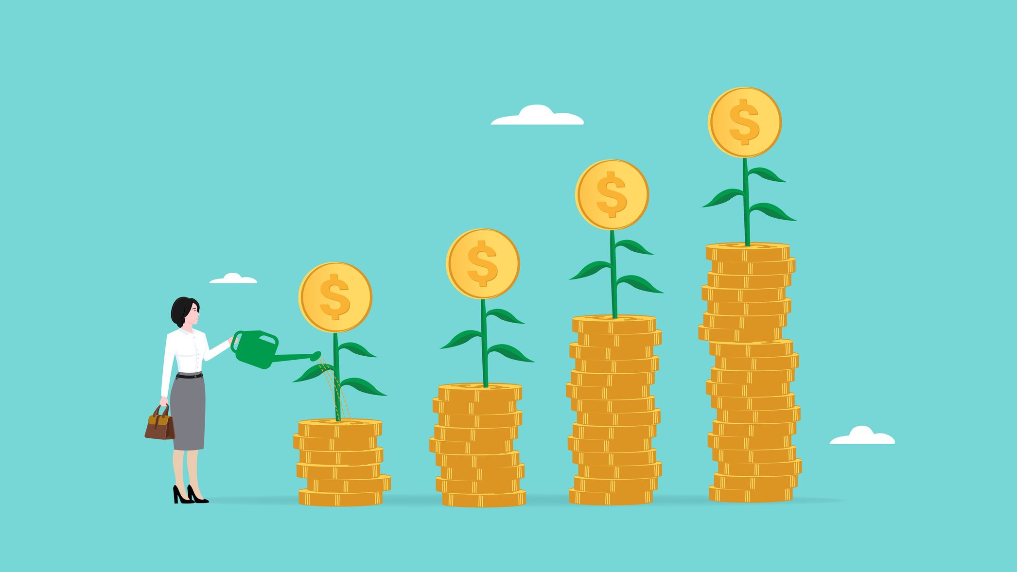 Business and financial growth illustration with the concept of a businesswoman watering plants on a golden coin diagram.