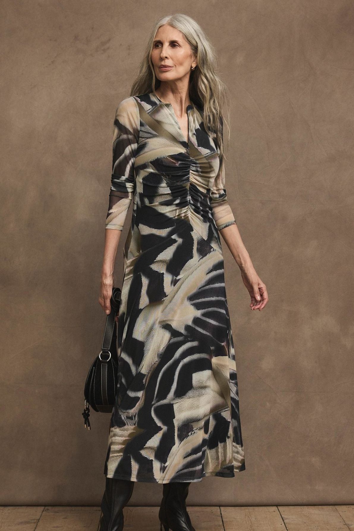 Black Abstract Print Mesh Midi Dress