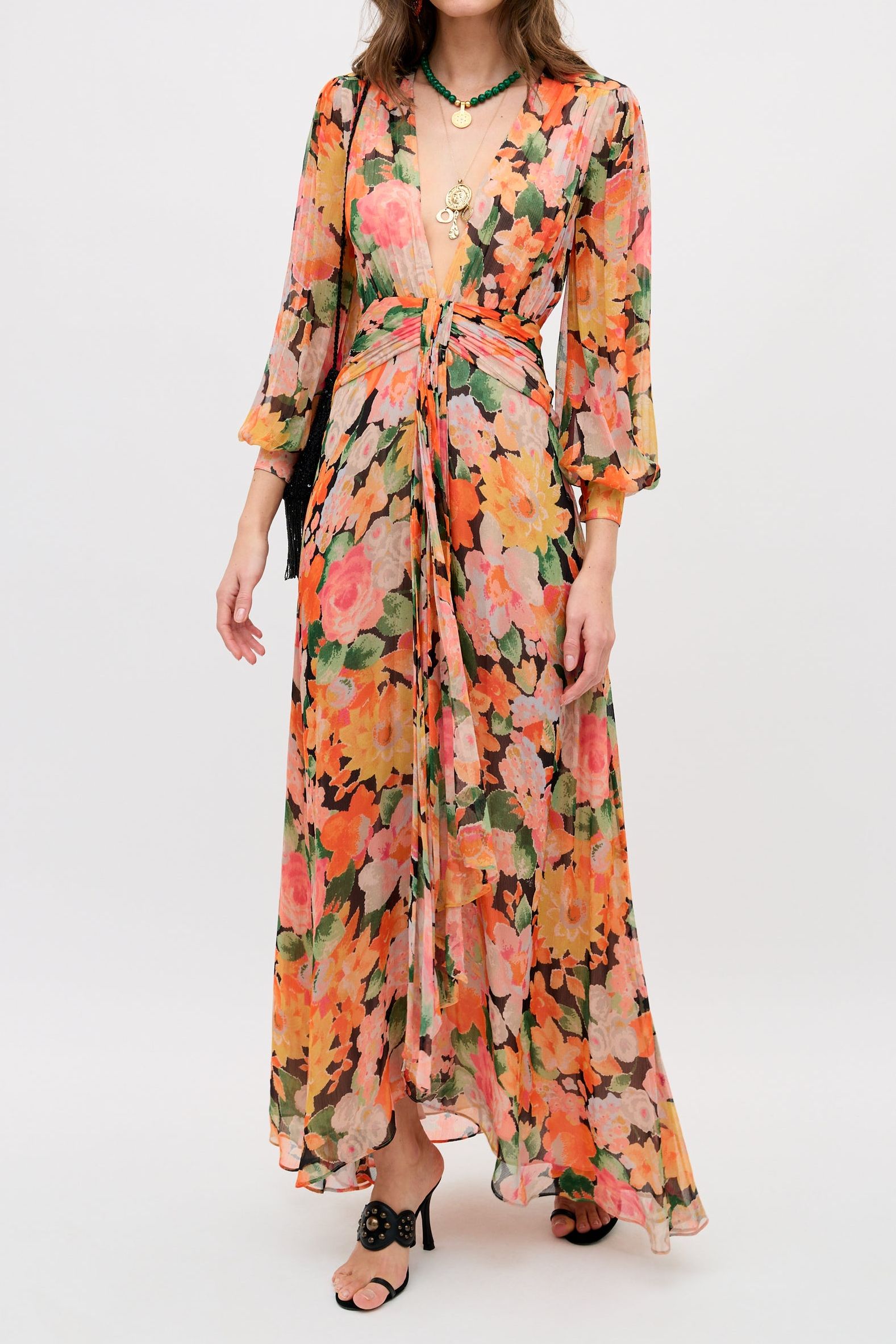 Meera Chiffon Gown in Orange Chelsea Floral Black