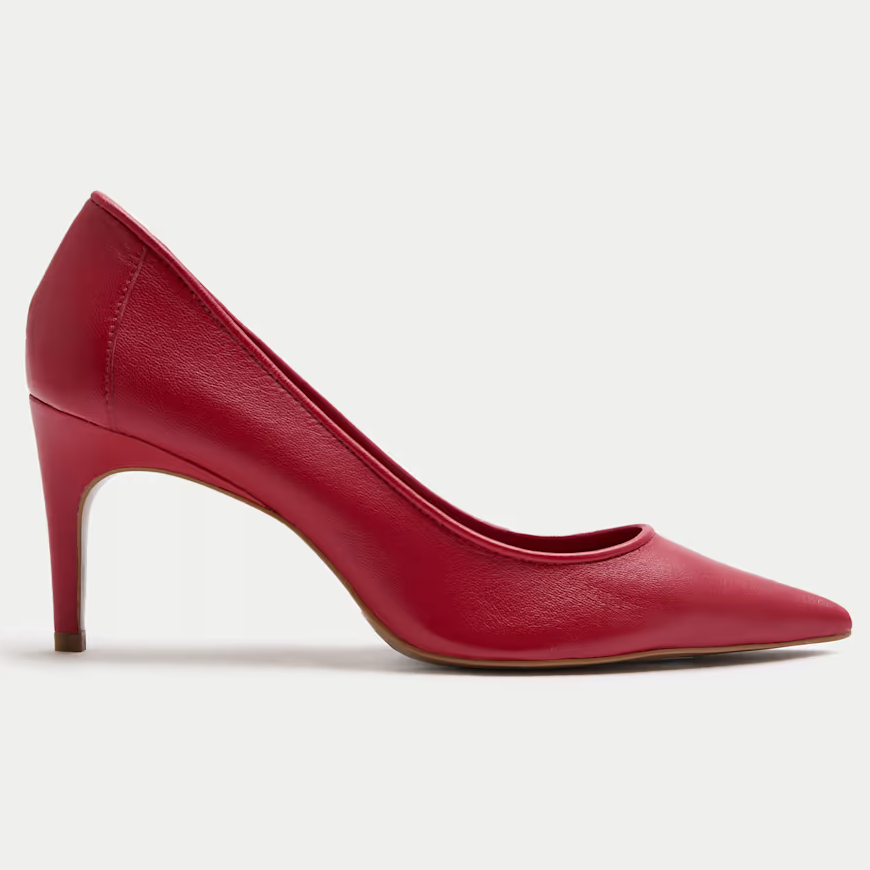 M&amp;amp;S, Red Leather Stiletto Heel Pointed Court Shoes