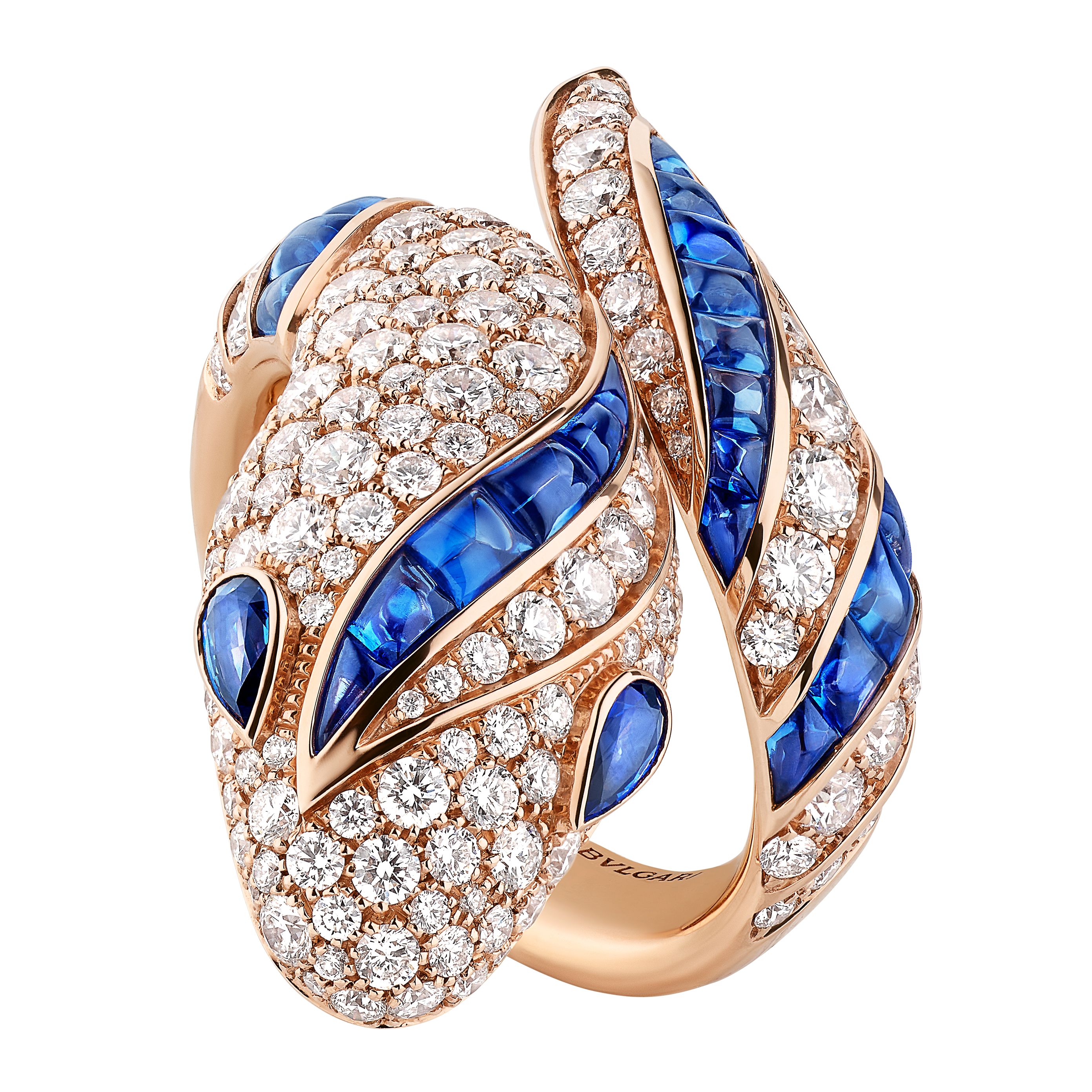Gold, diamond and sapphire ring in the shape of a snake