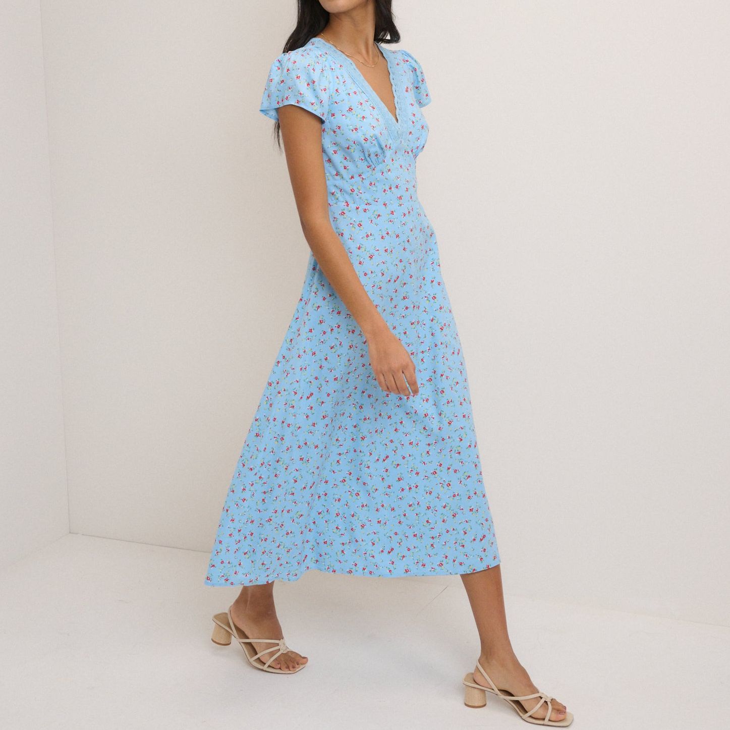 Blue Floral Lace Trim Kacey Midi Dress