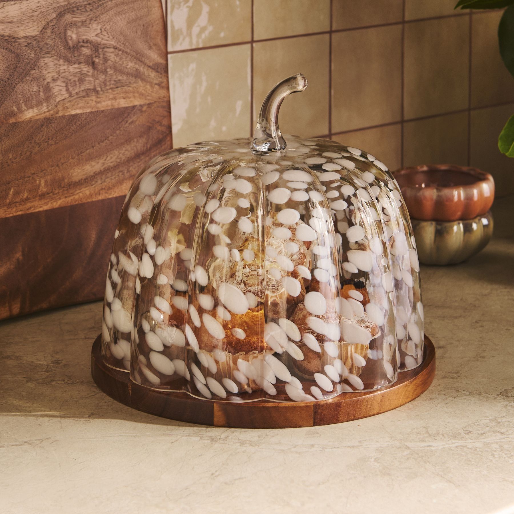 Clear Confetti Glass Pumpkin Cloche Wood Base - Size One