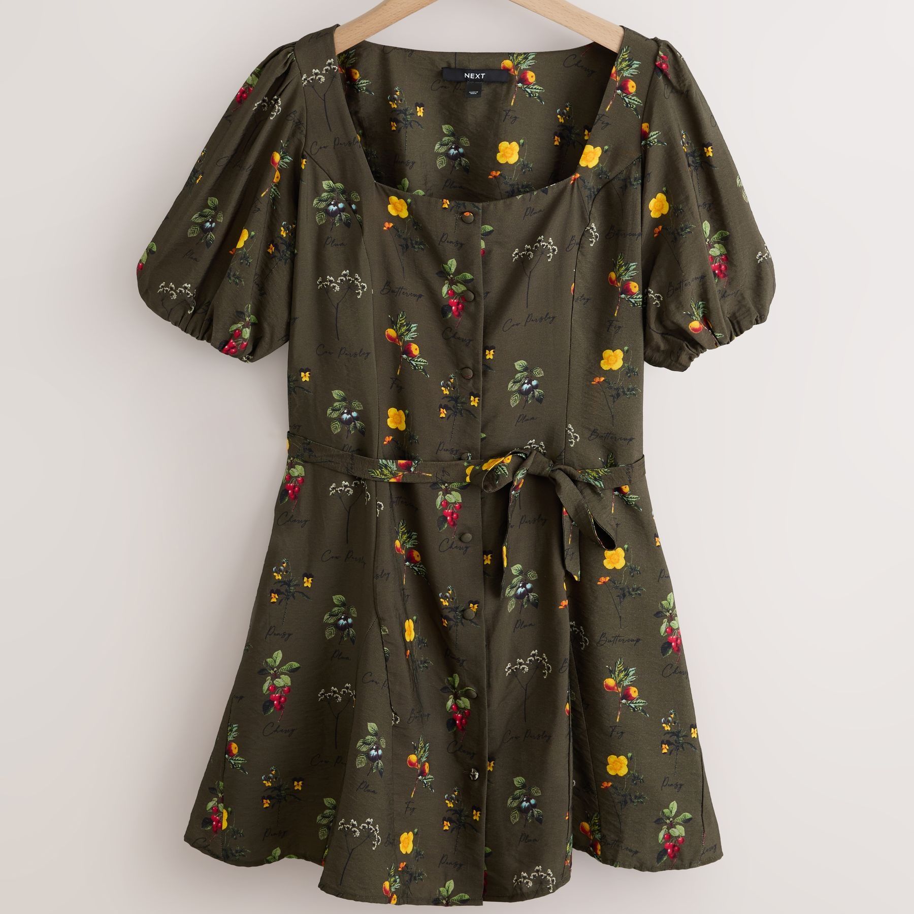 Khaki Green Ditsy Floral Print Puff Sleeve Button Through Mini Dress - Size 4