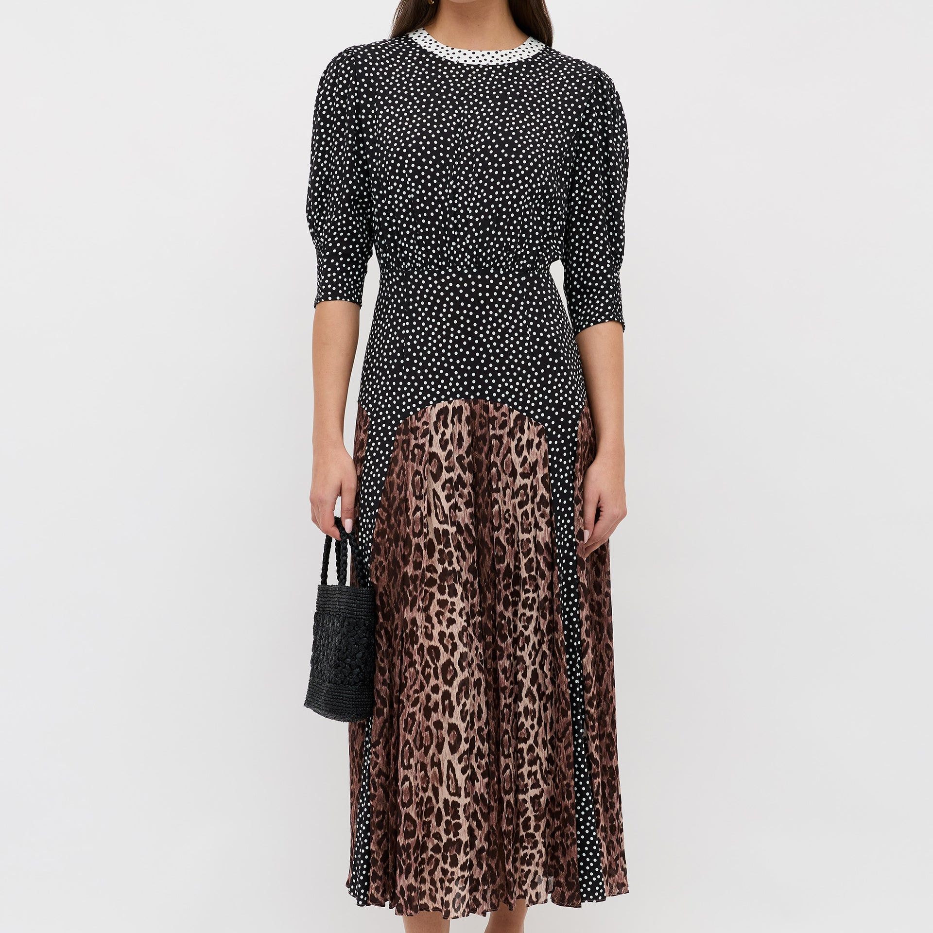 Meg Leopard Midi Dress in Black Leopard Polka Dot