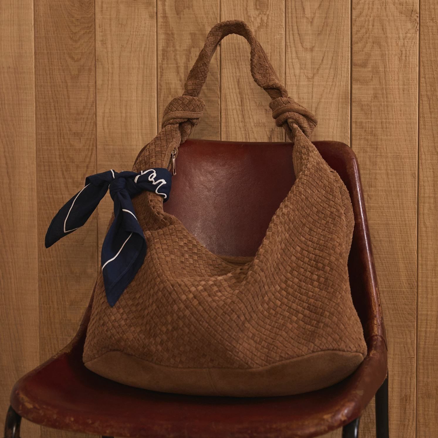 Nora Tan Woven Suede Knot Detail Bag