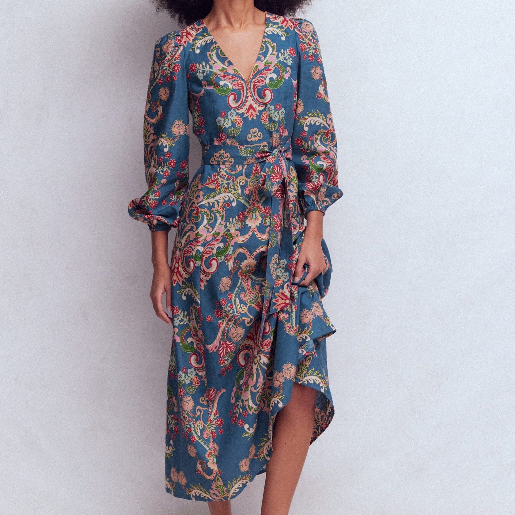 Florence Linen Blend Dress-Blue, Enchanting Bouquet