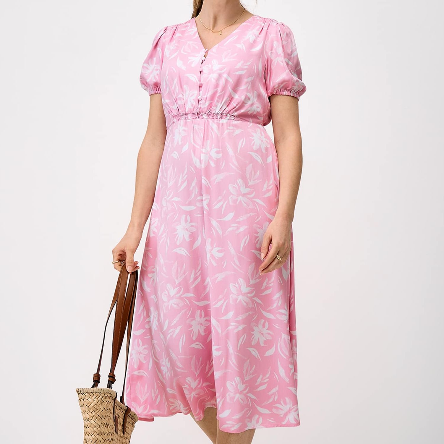 Floral V-Neck Puff Sleeve Midi Tea Dress