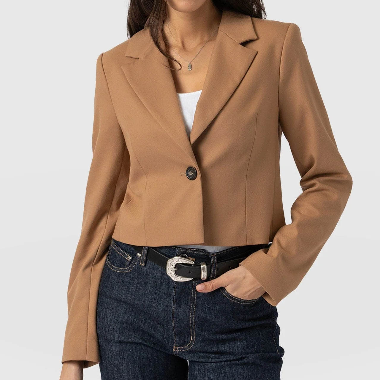 Helen Skelton's cropped, camel-toned blazer] from Saint+ Sofia
