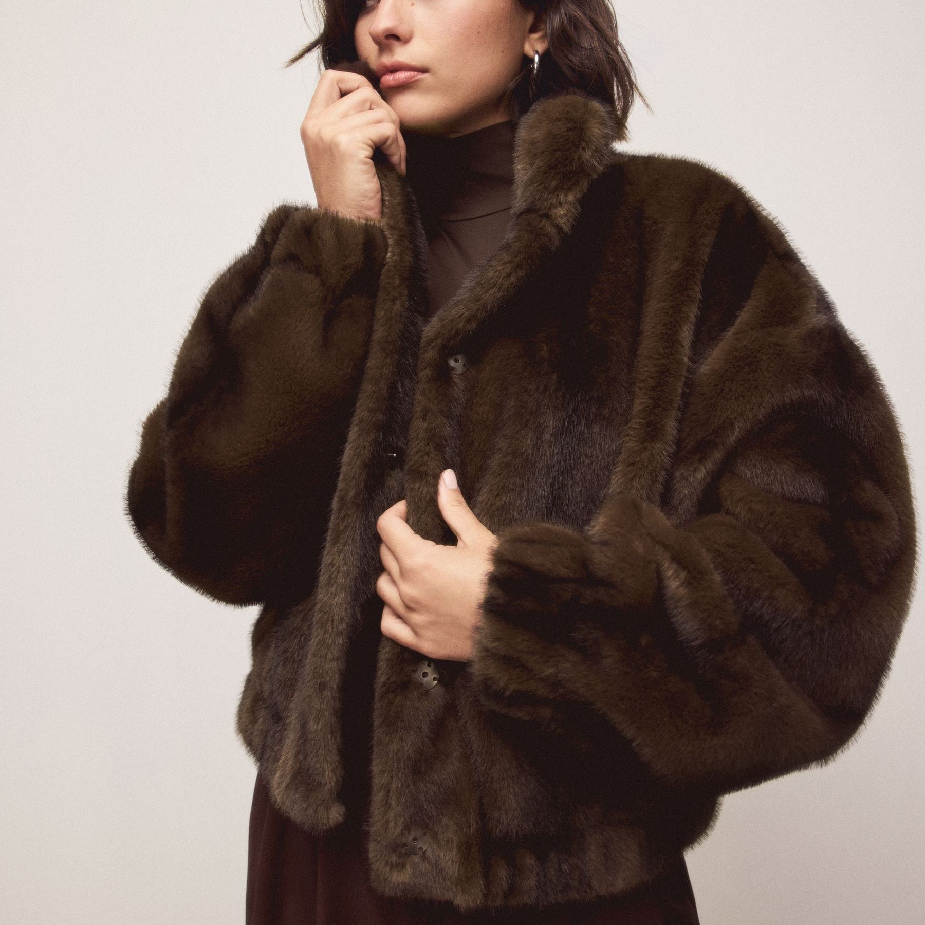 Chocolate Brown Soft Touch Faux Fur Funnel Neck Bomber Jacket