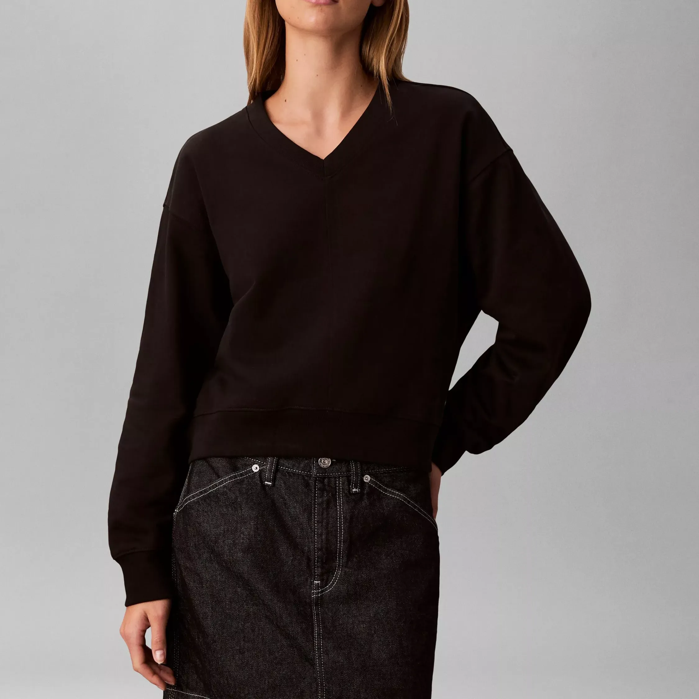 Calvin Klein V-Neck Terry Relaxed Sweatshirt, Black