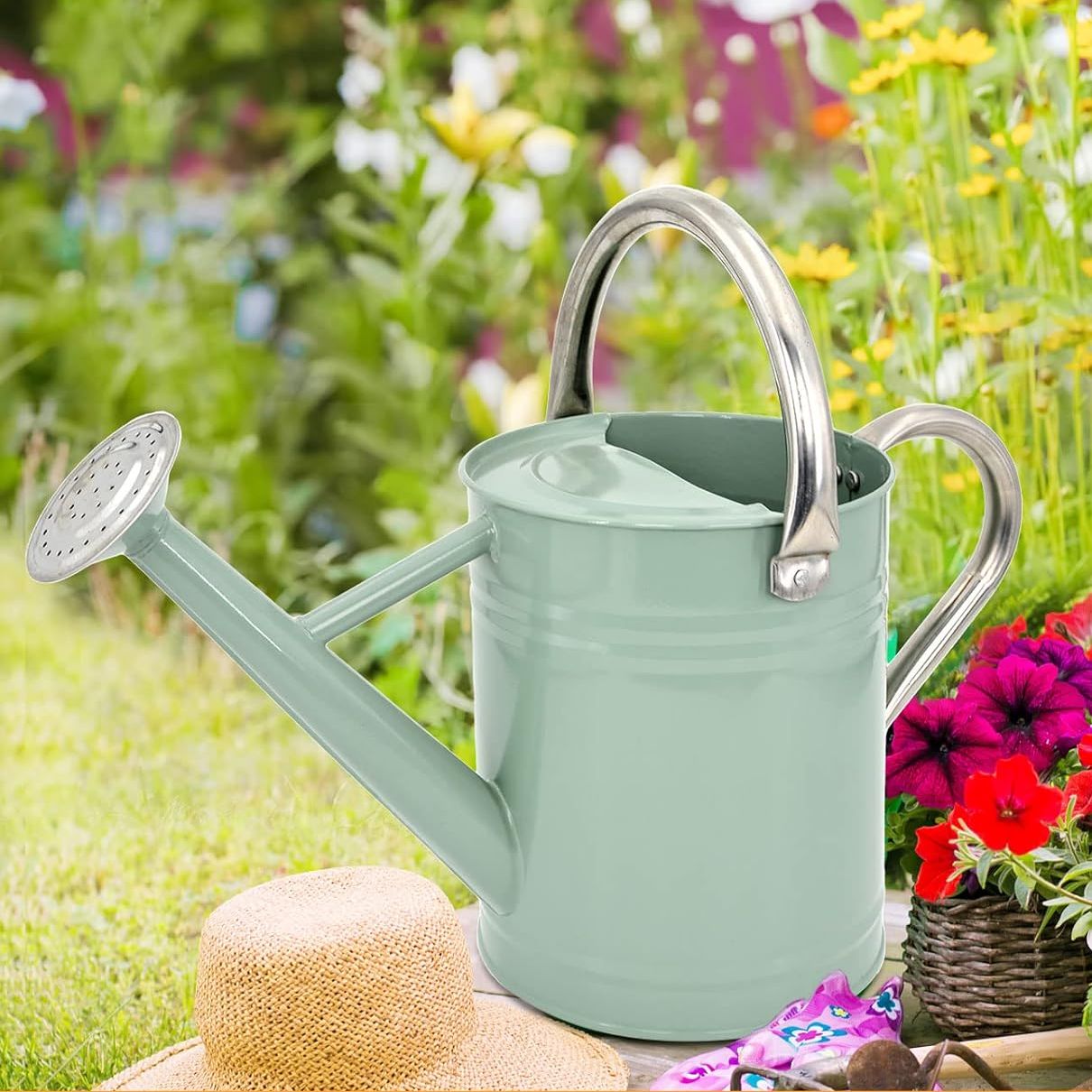 Lechloris Metal Watering Can for Outdoor Plants, Galvanized Steel Watering Can With Removable Spout, 1 Gallon,perfect Home &amp;amp; Garden D&amp;eacute;cor Cream Green