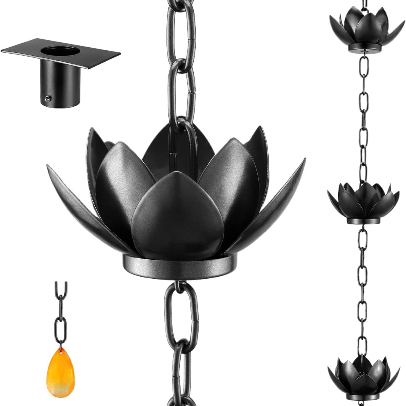 Oak Leaf Rain Chain With Adapter, 8.5ft Adjustable Lotus Rain Catcher Chain for Gutters Outside Downspout, for Divert Water and Home Display, Black Powder Coated