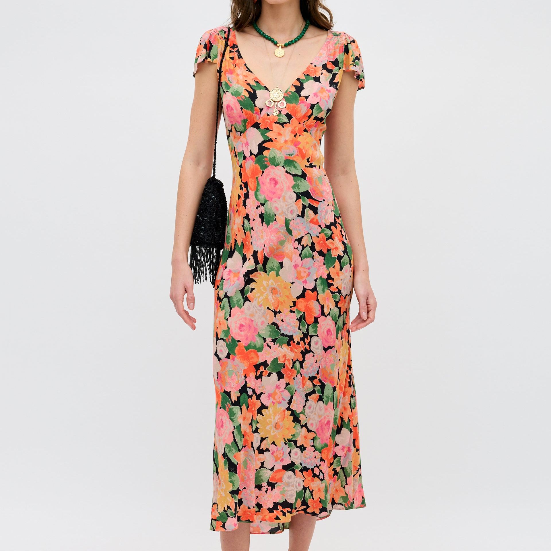 Cathy Midi Dress in Orange Chelsea Floral Black