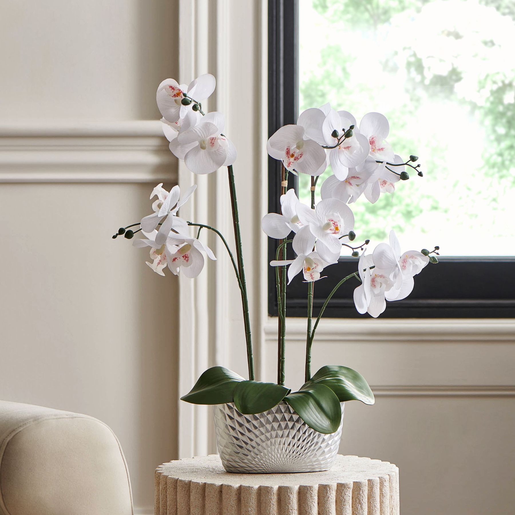 Silver/white Artificial Real Touch Orchid in Geo Pot