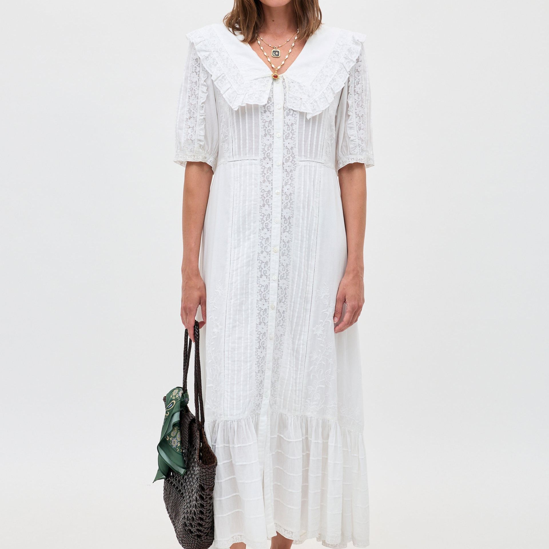 Edina Embroidered Cotton Midi Dress in Pansy Embroidery White