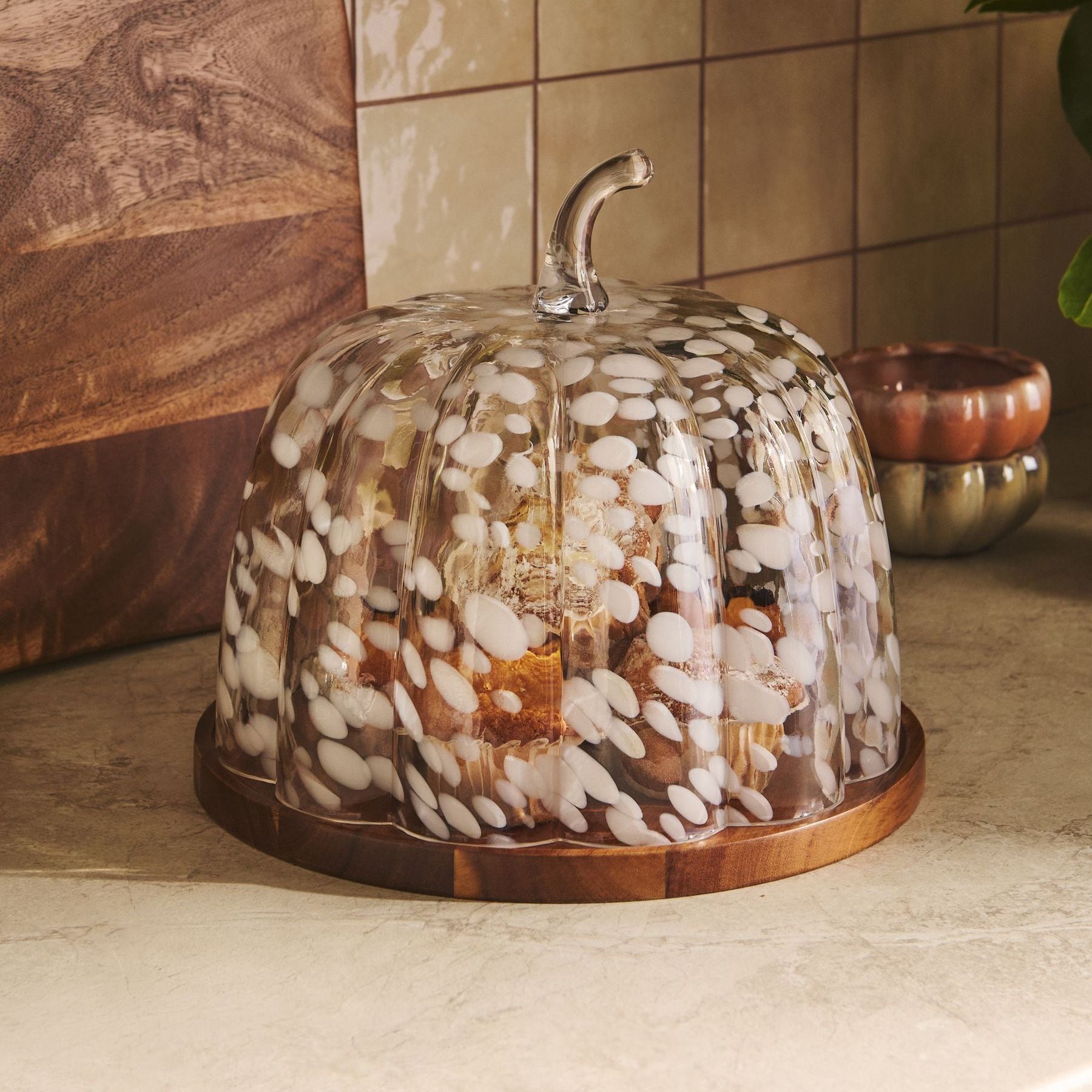 Clear Confetti Glass Pumpkin Cloche Wood Base - Size One