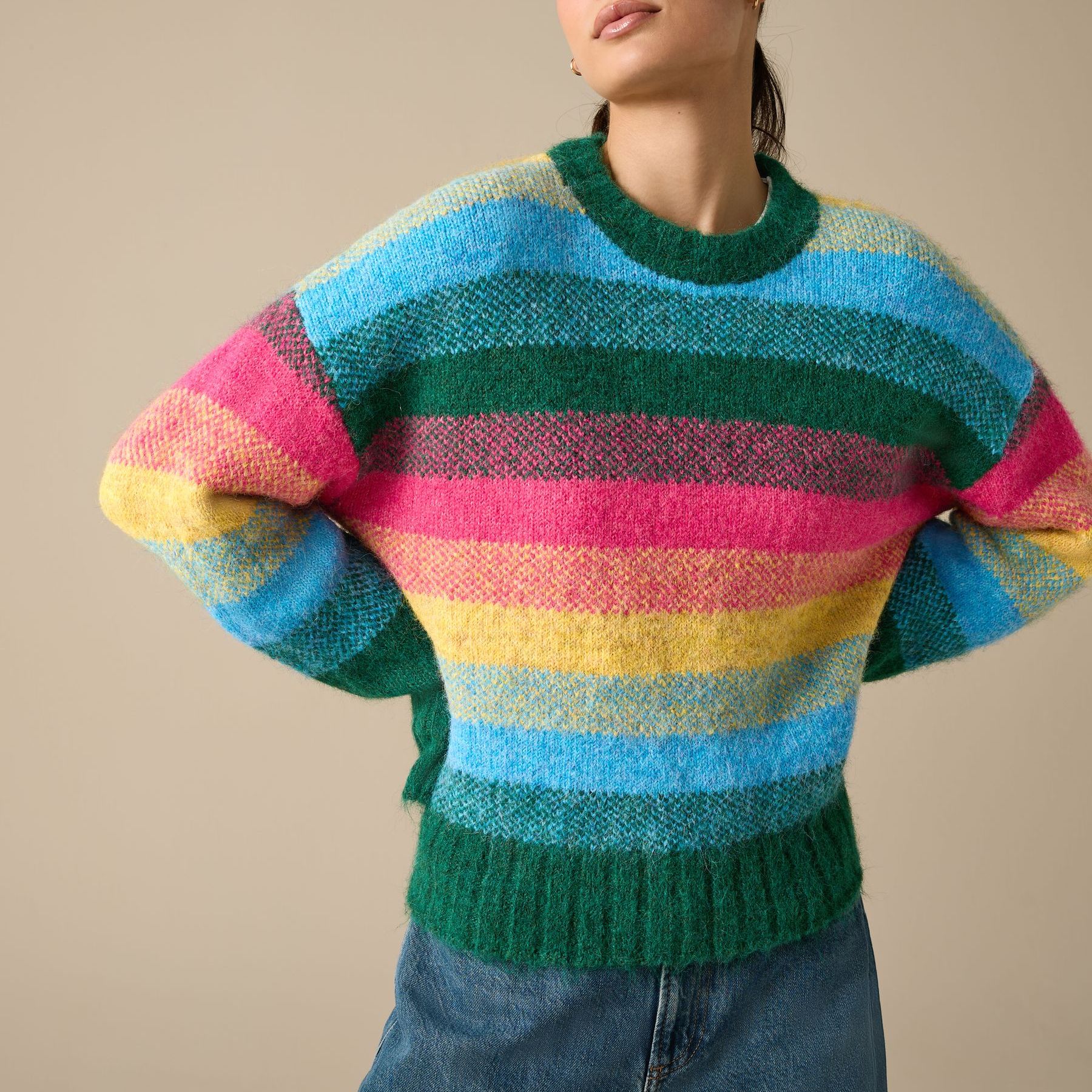 Rainbow Stripe Crew Neck Jumper With Alpaca - Size Xs Petite