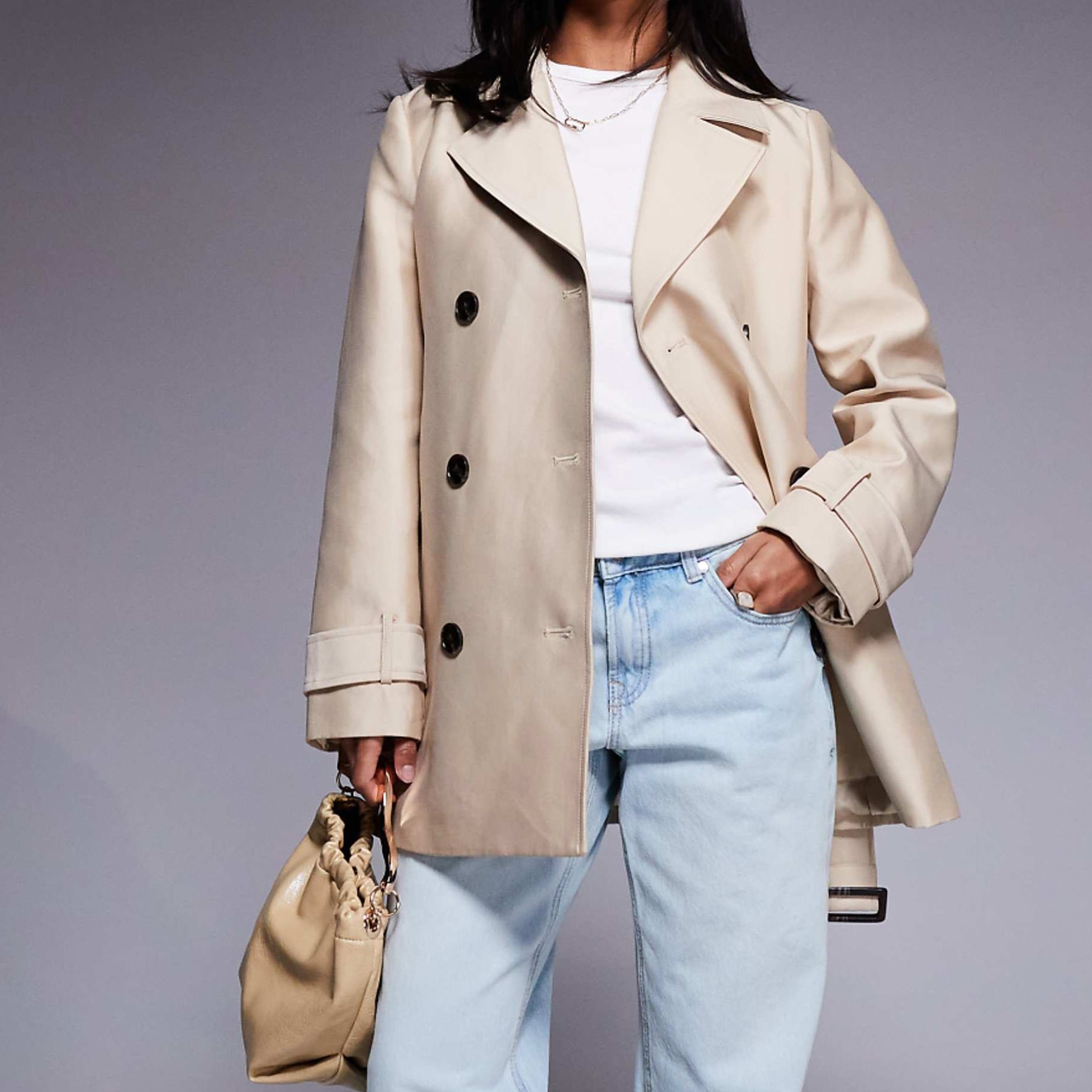 Forever New Petite Short Belted Trench Coat in Beige