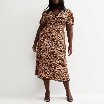Curves Brown Animal Print Crinkled Short Sleeve Midi Dress