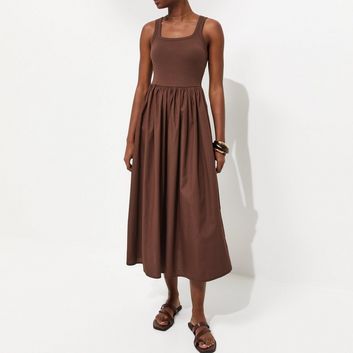 Dark Brown 2-In-1 Poplin Midi Dress