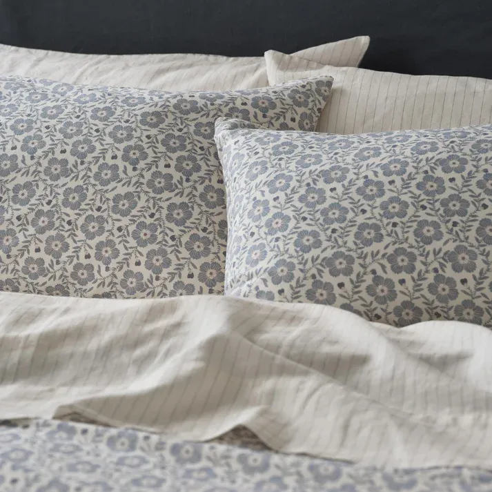 Piglet In Bed, Dusk Blue Folk Floral Linen Blend Pillowcases