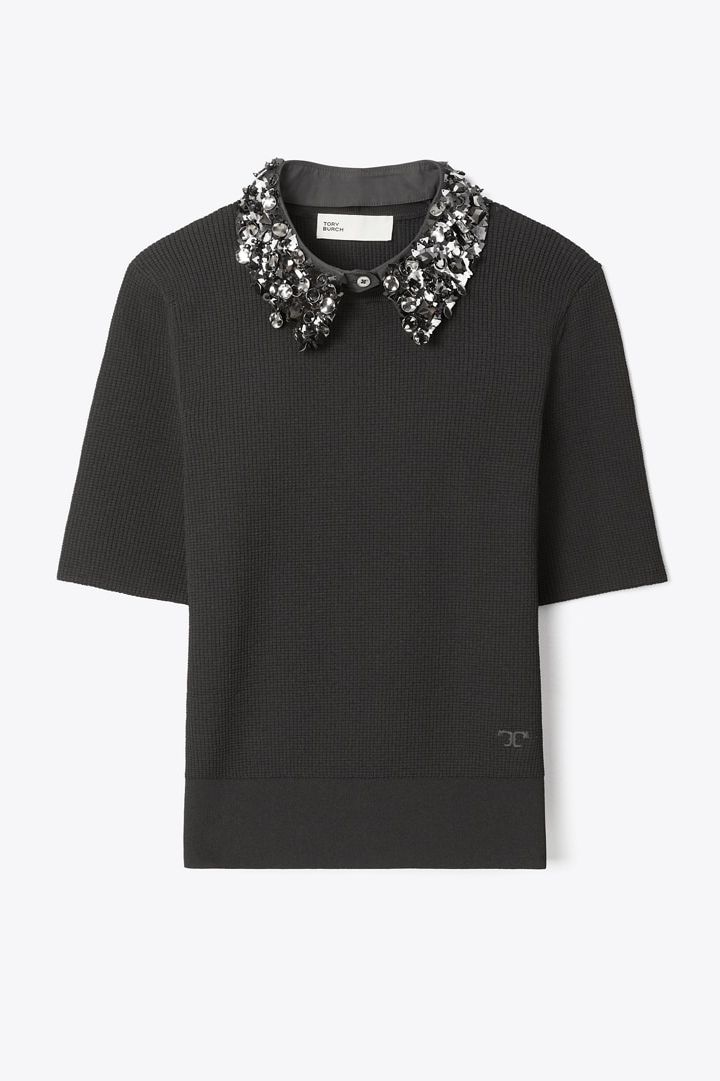 Embellished Collar Short-Sleeve Top in Black, Size L