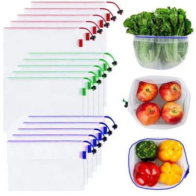 Siisll Reusable Mesh Produce Bags - Eco-Friendly - Washable and See-Through - With Colorful Tare Weight Tags - 3 Sizes, Set of 15