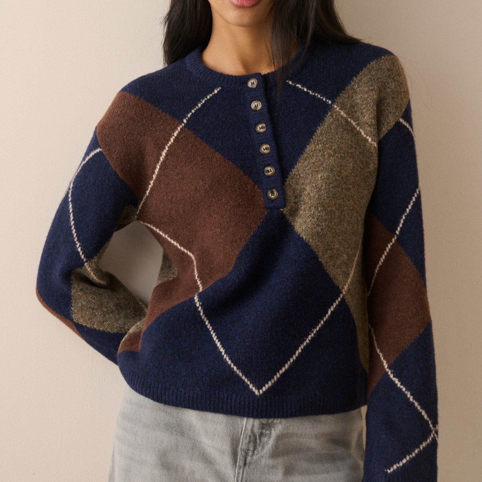 Navy Argyle Ribbed Trim Henley Jumper
