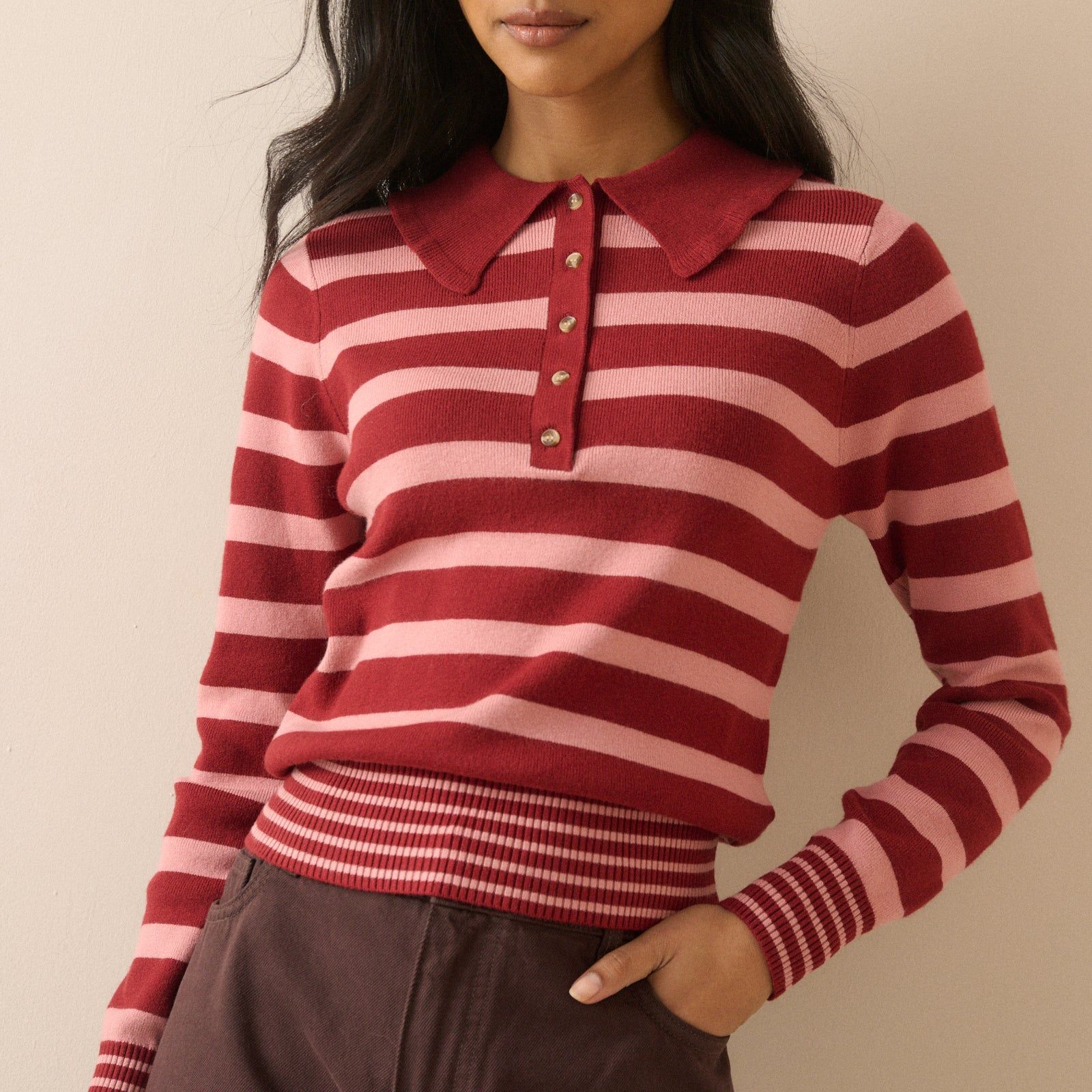 Pink and Red Striped Scallop Edge Top