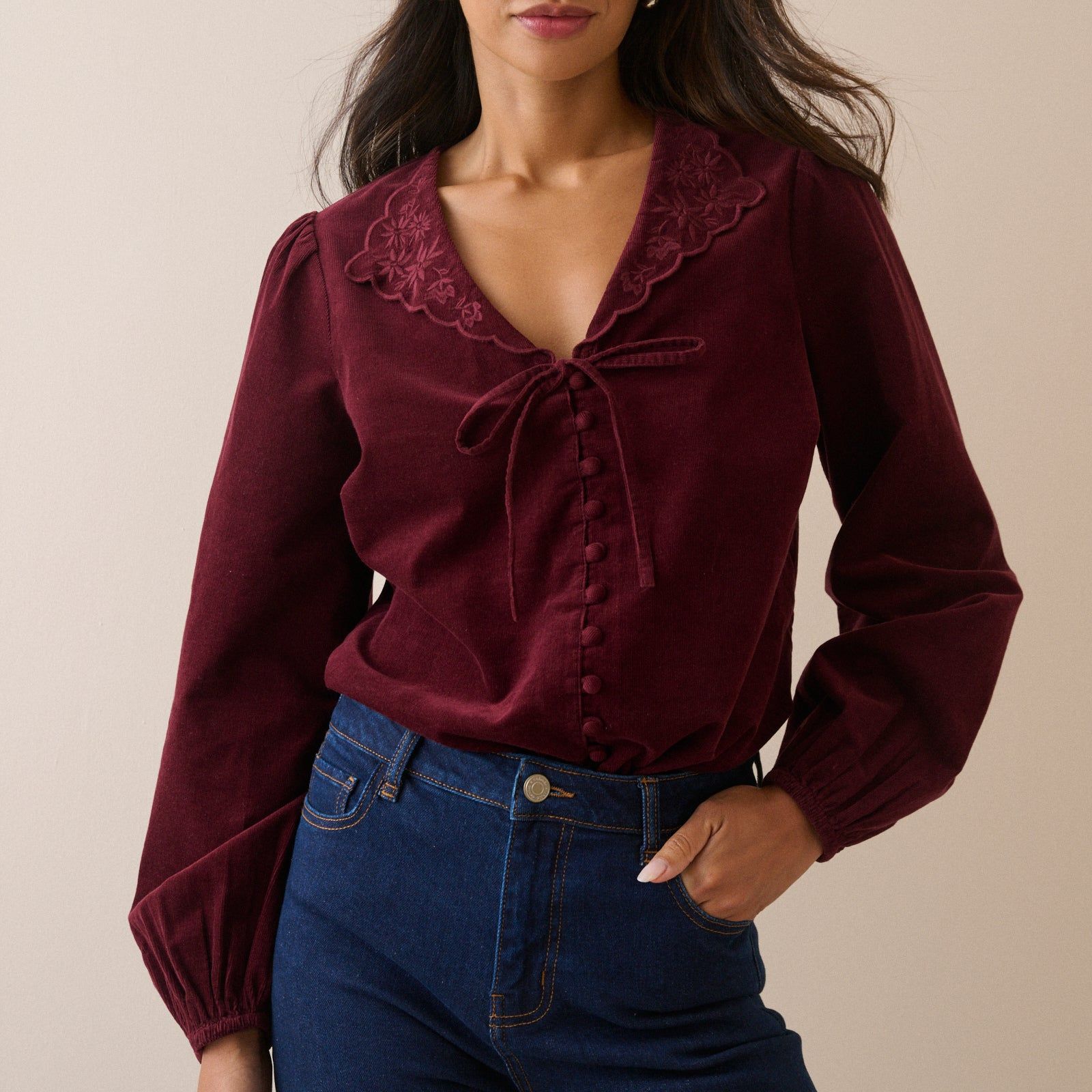 Burgundy Floral Embroidered Collar Cord Blouse
