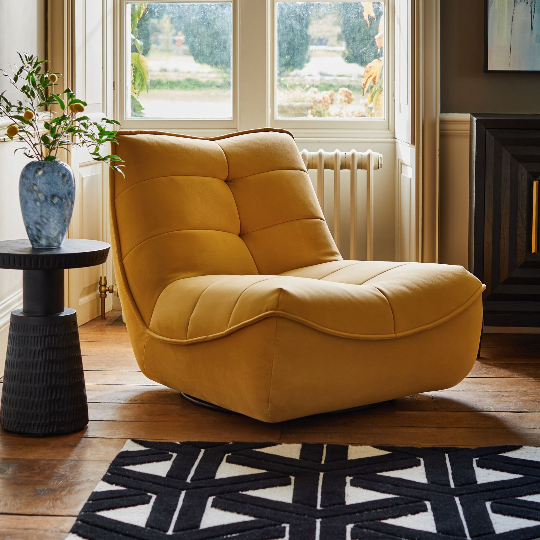 Soft Velvet Ochre Yellow Lucca Swivel Accent Chair