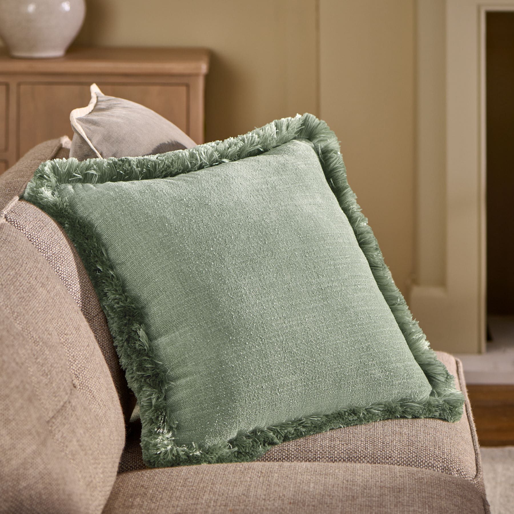 Sage Green 50 X 50cm Chunky Fringe Velvet Chenille Cushion - Size 50x50