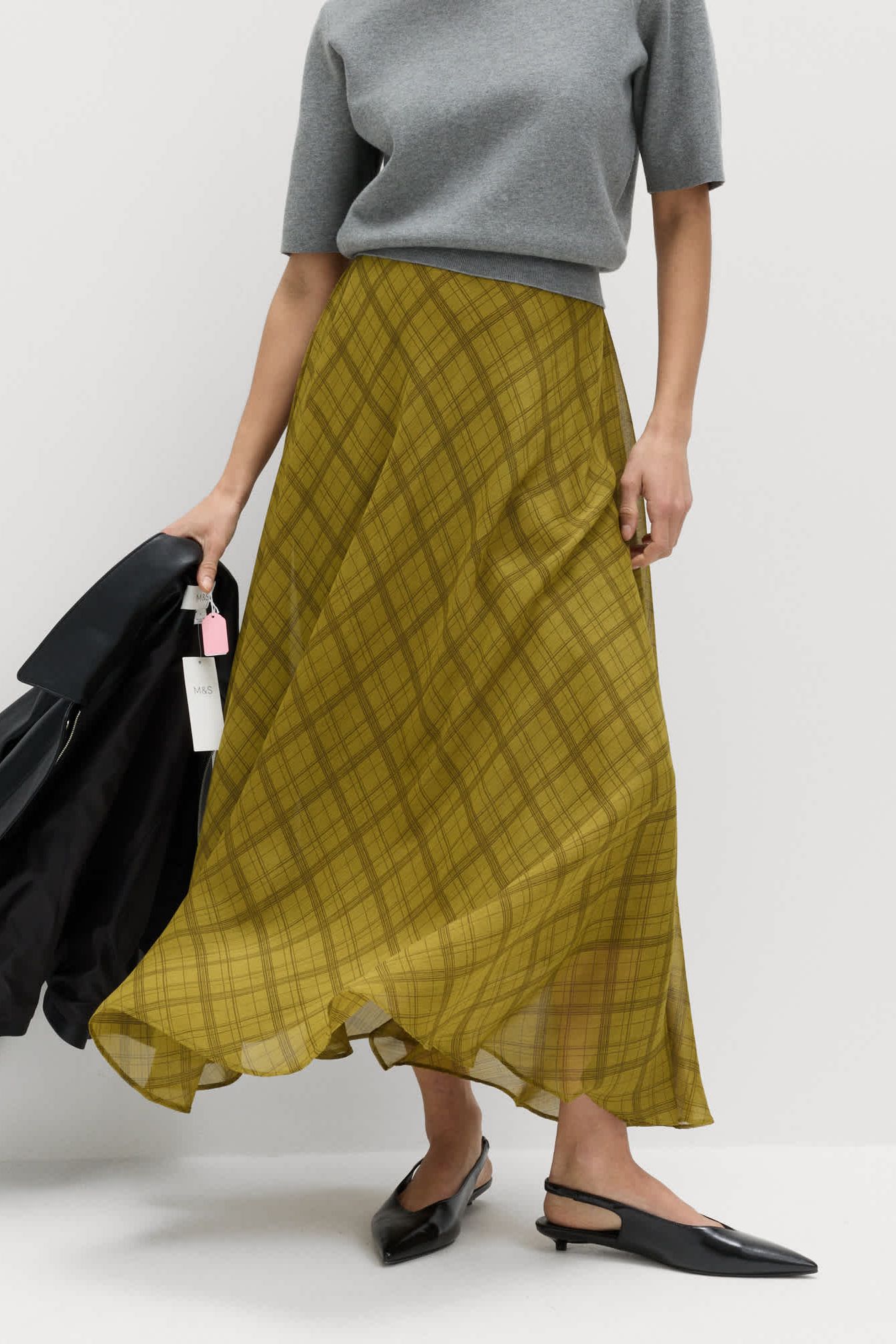 Checked Chiffon Midi A-Line Skirt