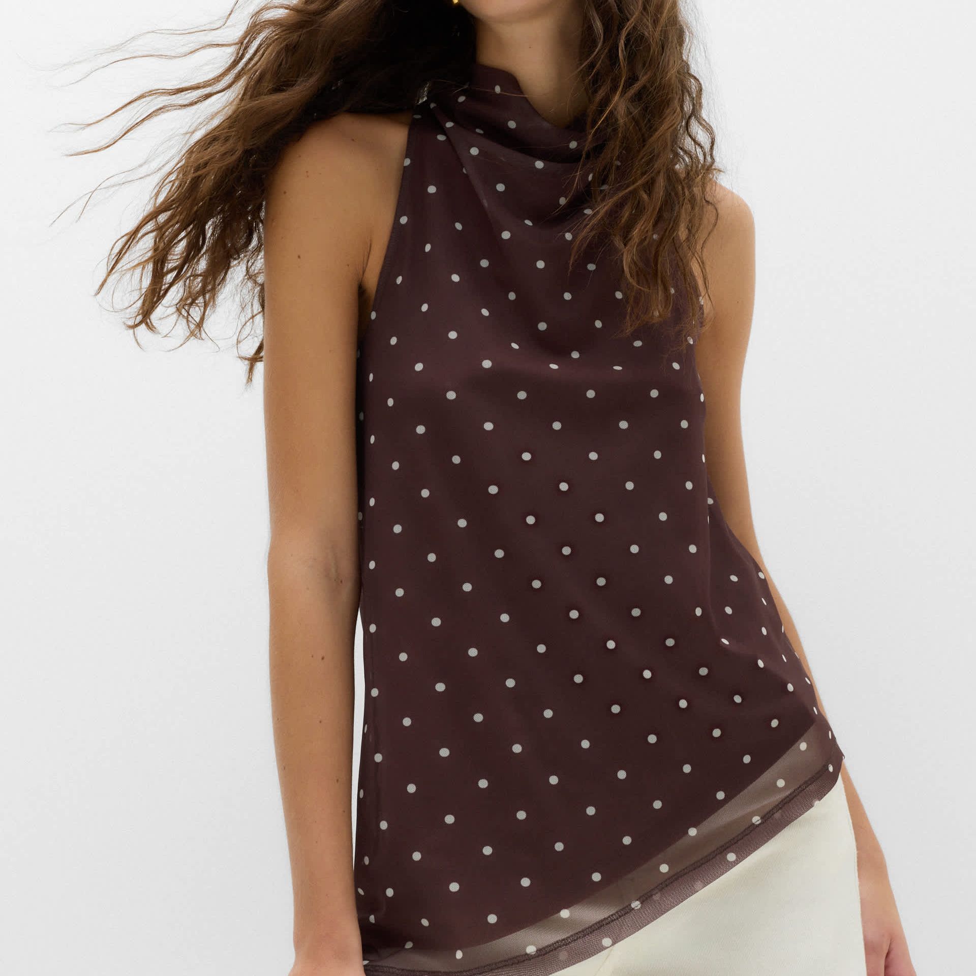 Mesh Polka Dot Cowl Neck Asymmetric Drape Vest