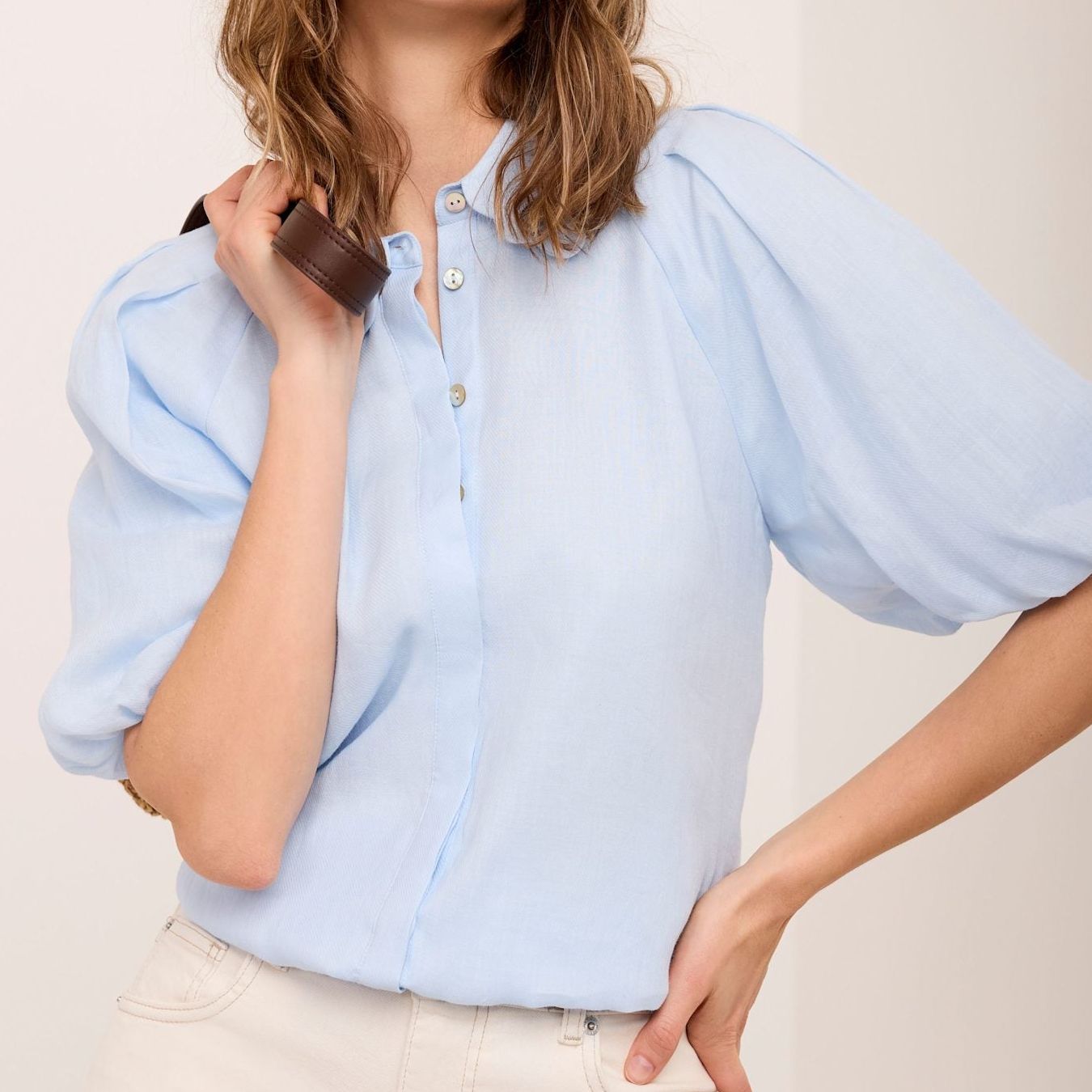 Blue Ramie Scallop Puff Sleeve Shirt
