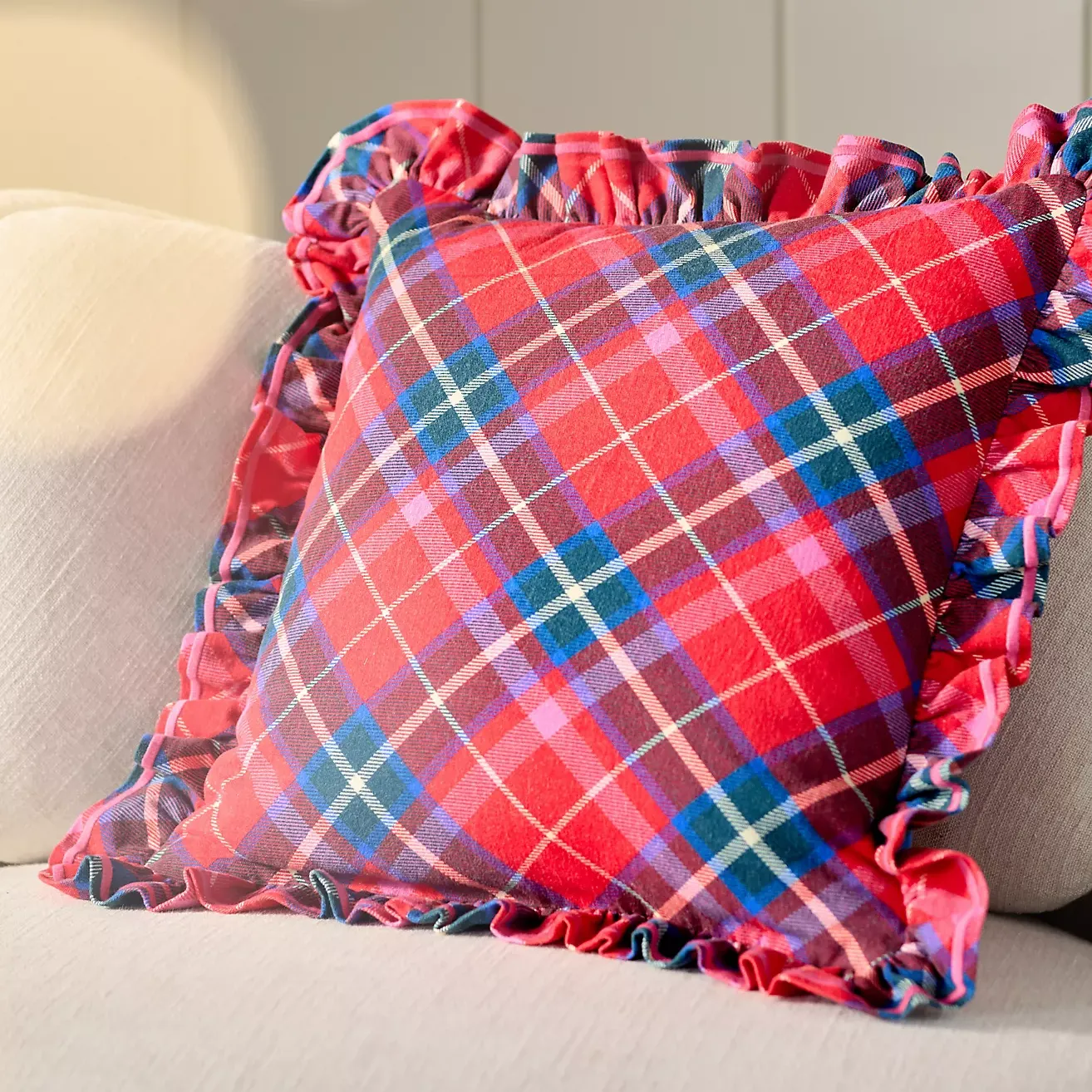 Tartan Cotton Embroidered Ruffle Pillow