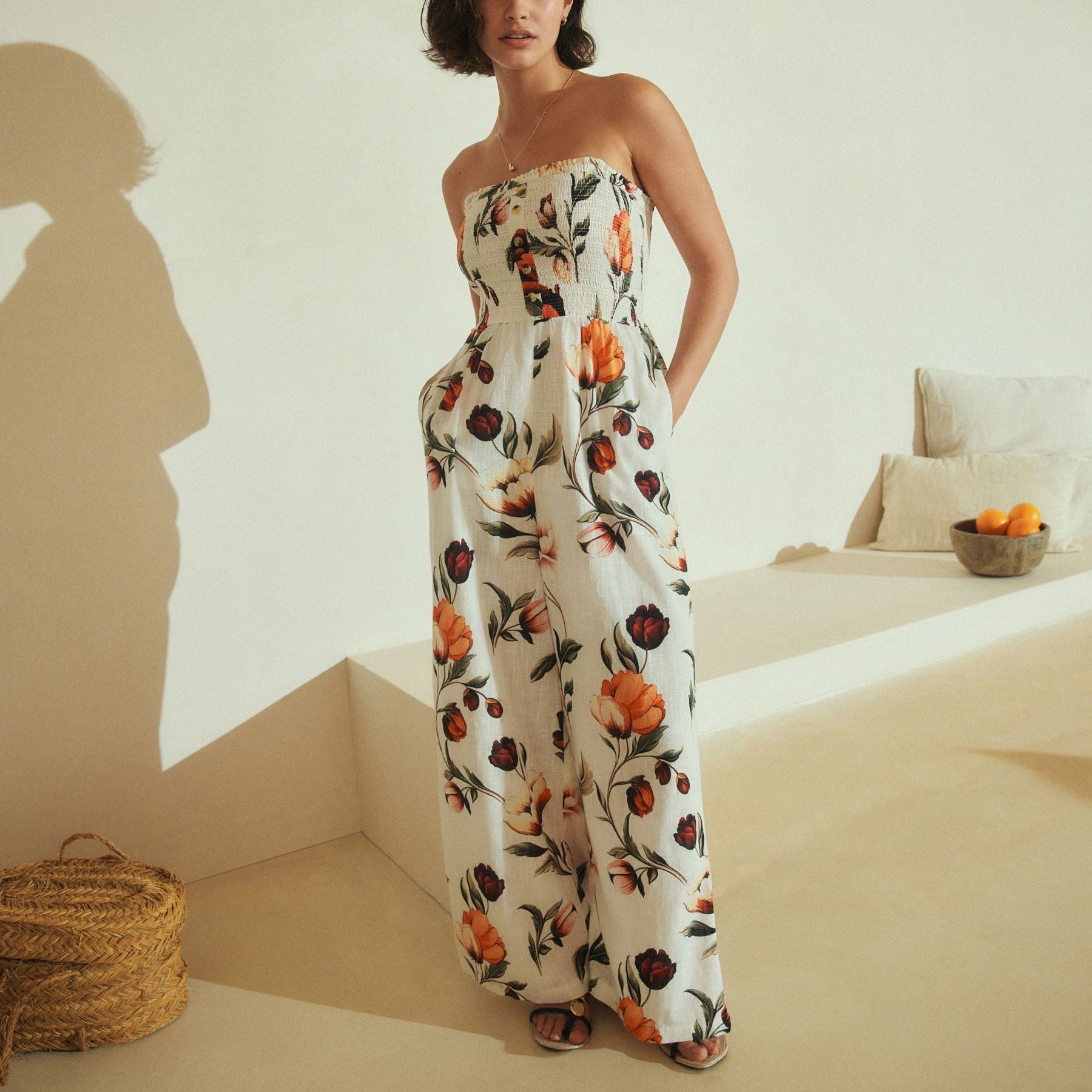 Cream/red Floral Linen Blend Bandeau Jumpsuit With Detachable Straps