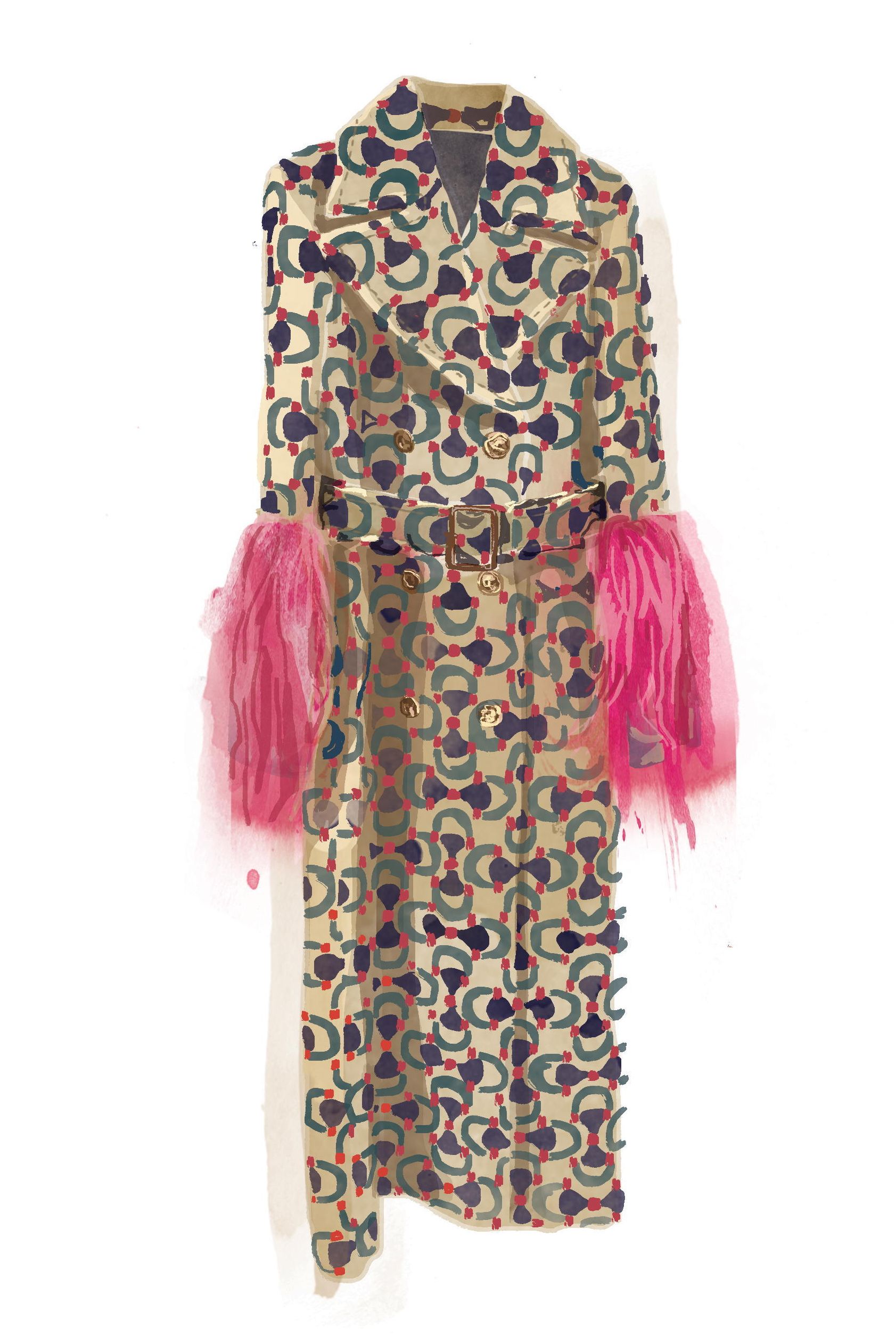 Illustration of a long, woman's coat featuring a Gucci logo and pink fur cuffs