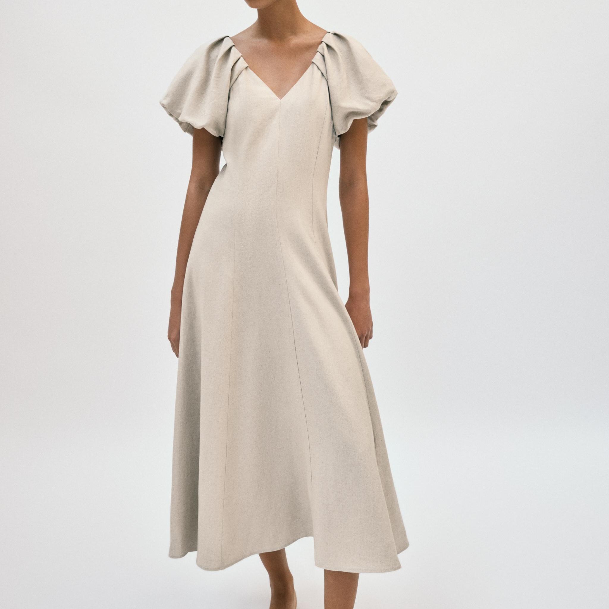 Midi Dress With Linen Blend Puff Sleeves