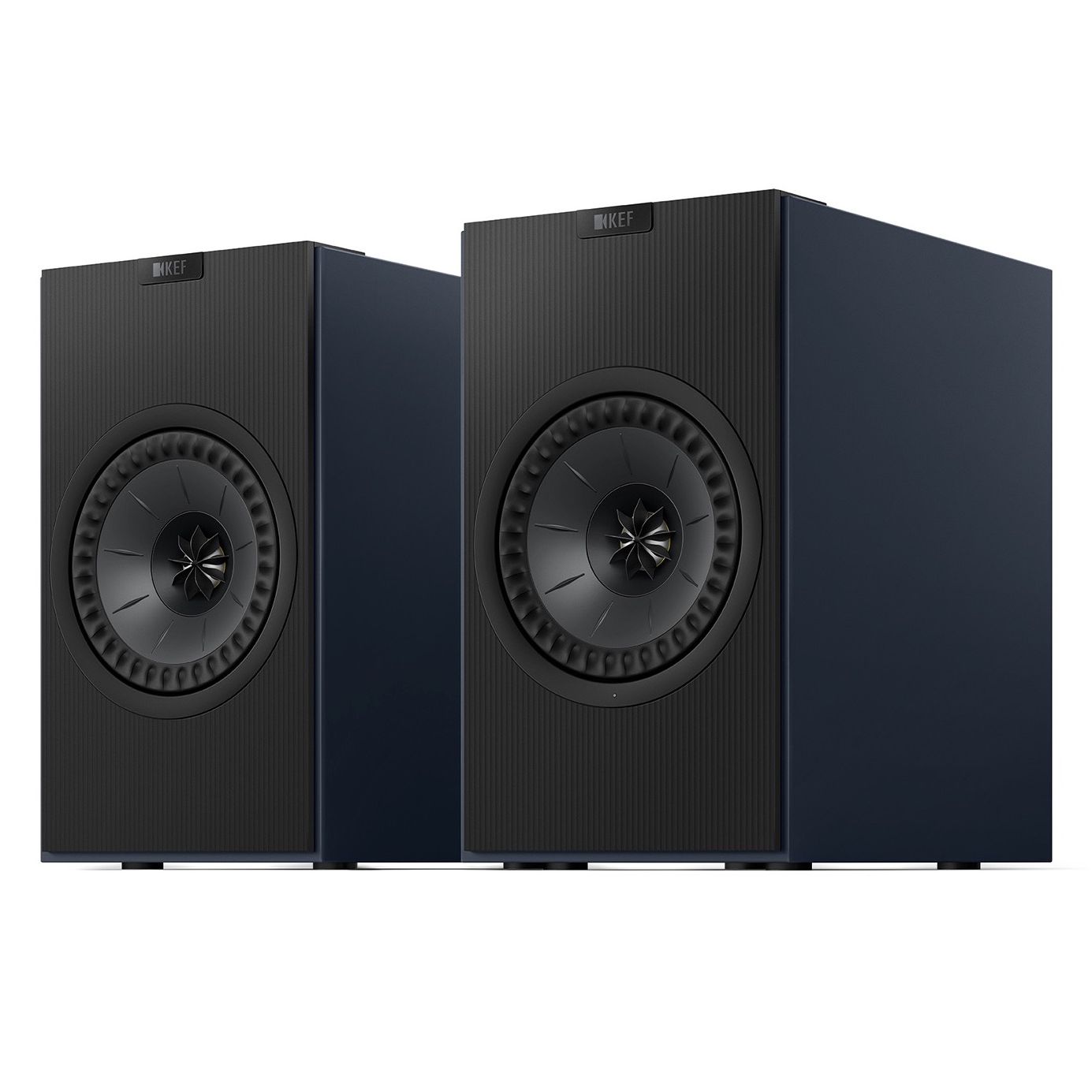 A pair of black KEF Coda W speakers on a white background.