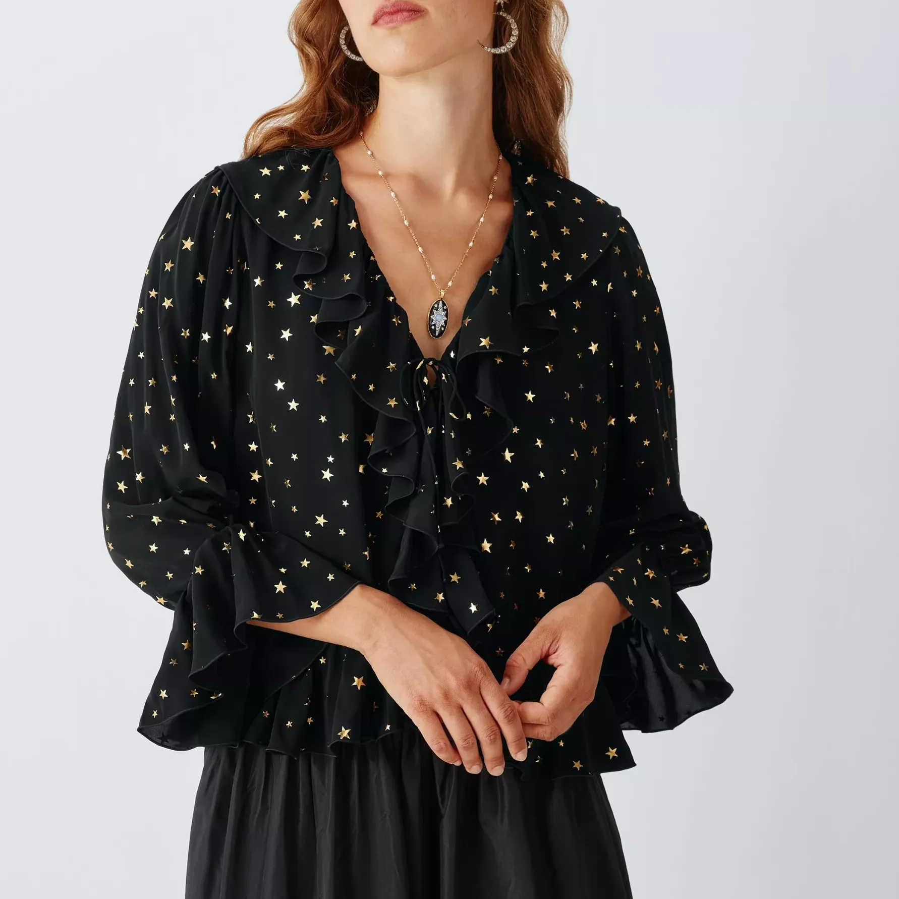 John Lewis X Rixo Tracye Star Print Ruffle Detail Blouse, Black/multi