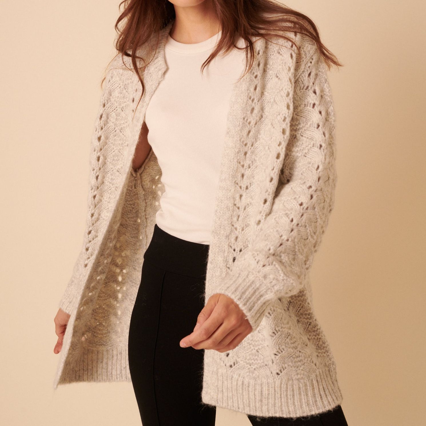 Beige Pointelle Relaxed Cardigan