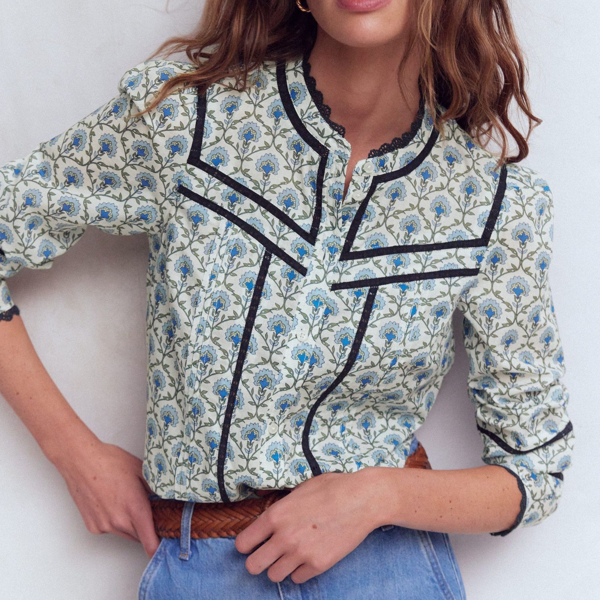 Carmen Lace Trim Cotton Top-Ivory, Flower Lattice